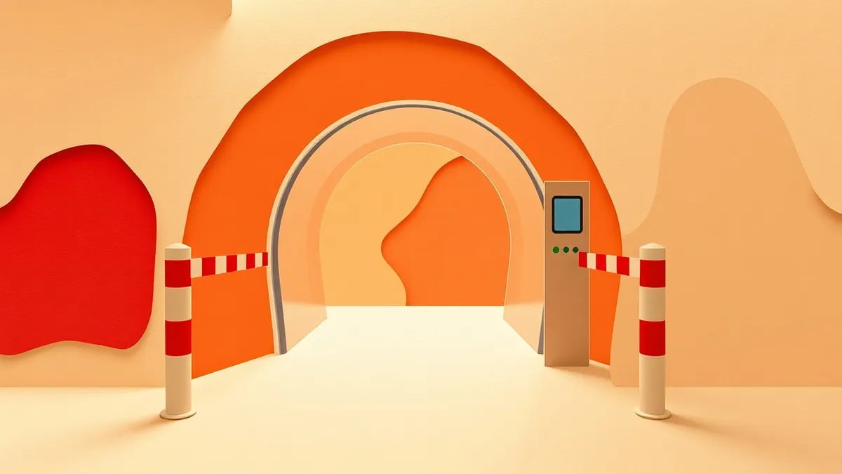 Illustration: A translucent digital tunnel passes through a solid checkpoint gate, bypassing inspection while maintaining its sealed outer shell.