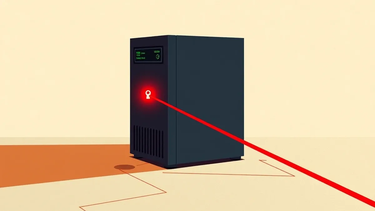 Illustration: A sleek black server appliance sits on a concrete floor, its front panel featuring a blank digital display and a single glowing green indicator light.