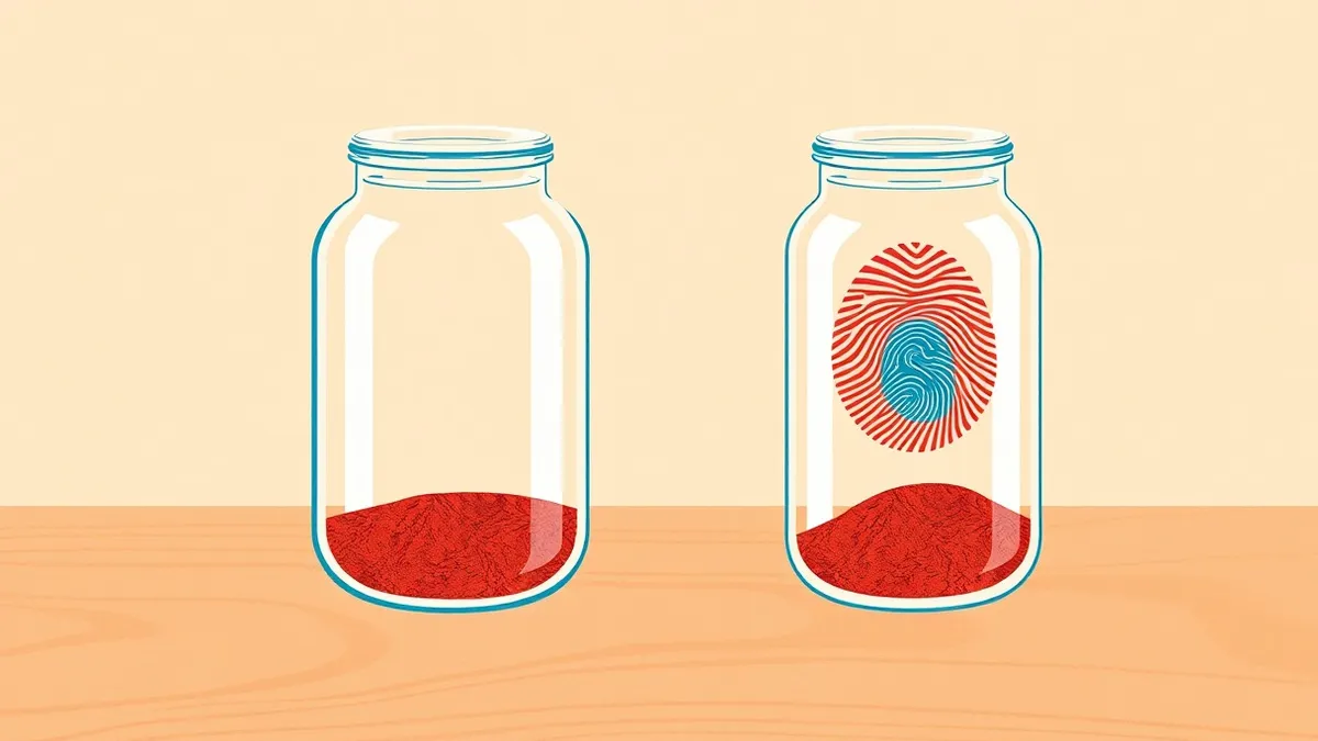 Illustration: A clear glass jar sits on a wooden table, filled with vibrant red sand.