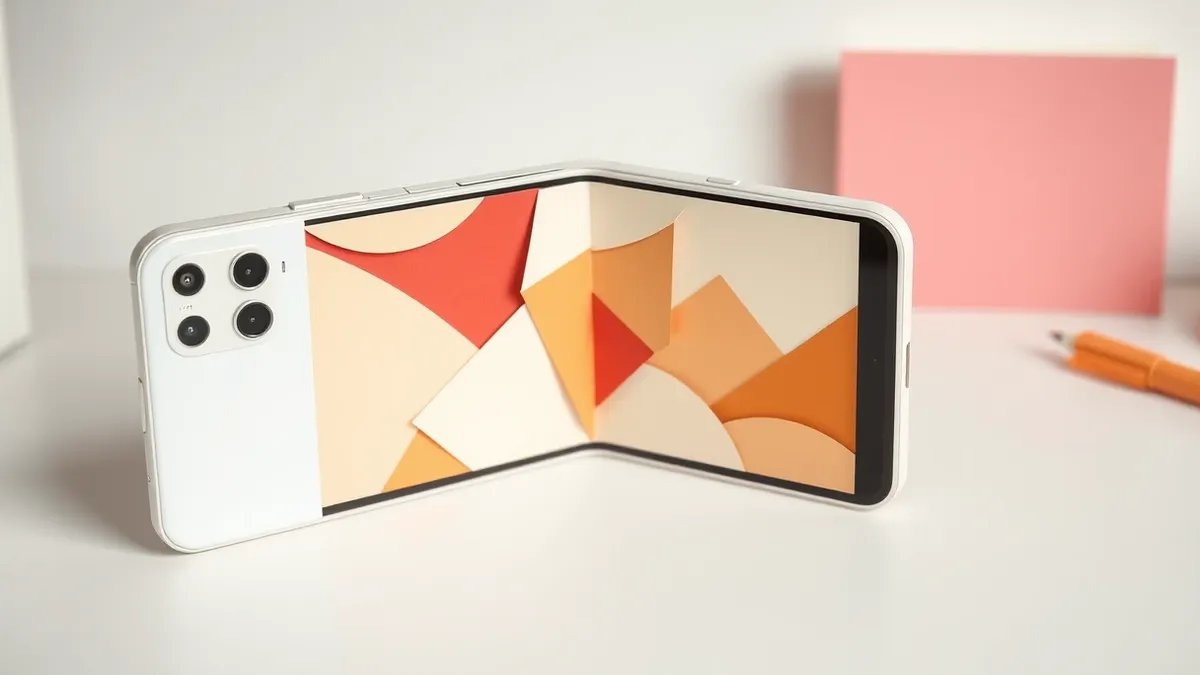 Illustration: A white foldable smartphone rests open on a clean desk, its inner display showing abstract geometric shapes.