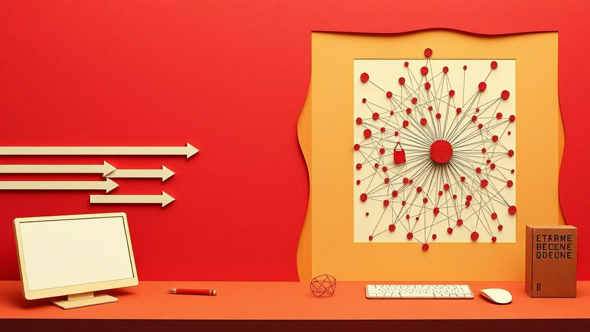 Illustration: A split illustration contrasts a linear sequence of arrows pushing against an outer wall on the left with a complex web of interconnected nodes spreading through an i