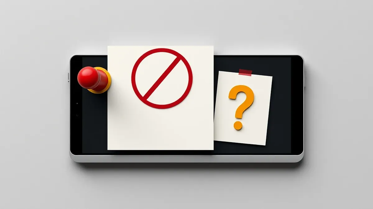 Illustration: A red circular stamp with a diagonal line presses firmly onto a blank white paper document.