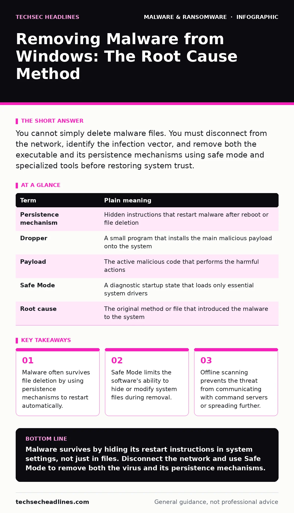 Infographic: Removing Malware from Windows: The Root Cause Method. Malware often survives file deletion by using persistence mechanisms to restart automatically. Safe Mode limits the software's ability to hide or modify system files during removal. Offline scanning prevents the threat from communica