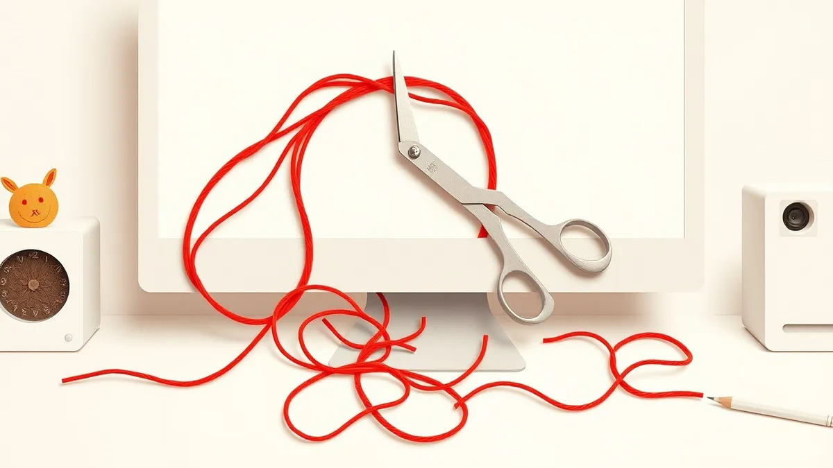 Illustration: A tangled knot of red threads sits on a clean white desk, with loose ends stretching toward a blank computer monitor.