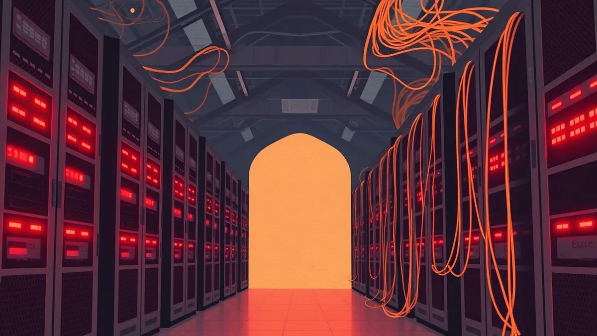 Illustration: A row of black server racks sits in a cool, dimly lit room.