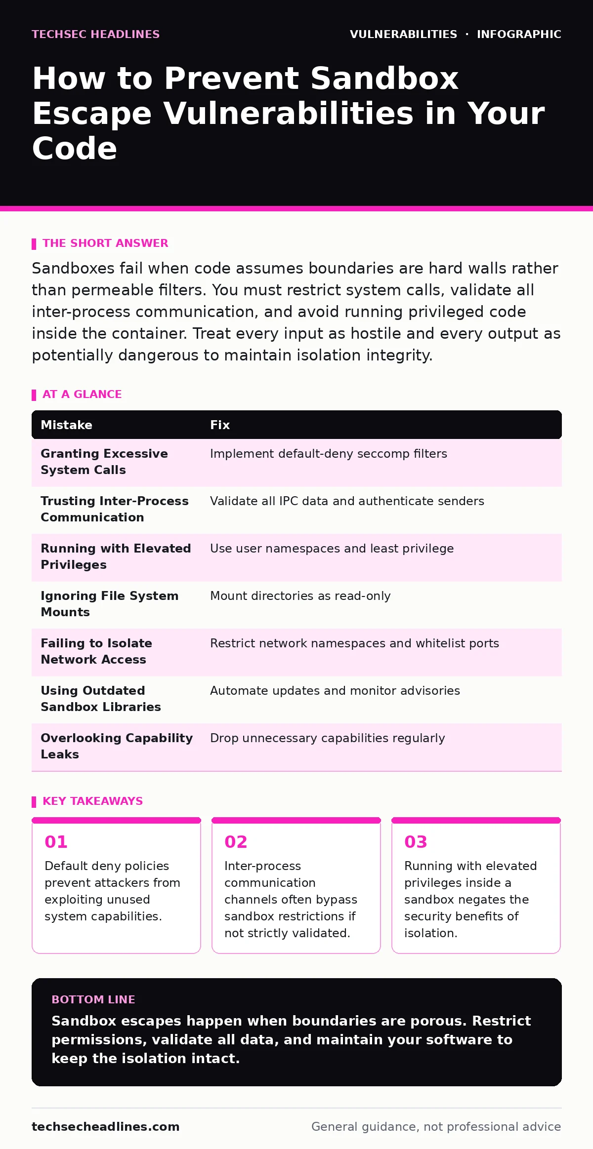 Infographic: How to Prevent Sandbox Escape Vulnerabilities in Your Code. Default deny policies prevent attackers from exploiting unused system capabilities. Inter-process communication channels often bypass sandbox restrictions if not strictly validated. Running with elevated privileges inside a san