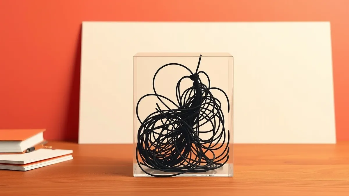 Illustration: A translucent glass cube sits on a wooden desk, containing tangled black threads.