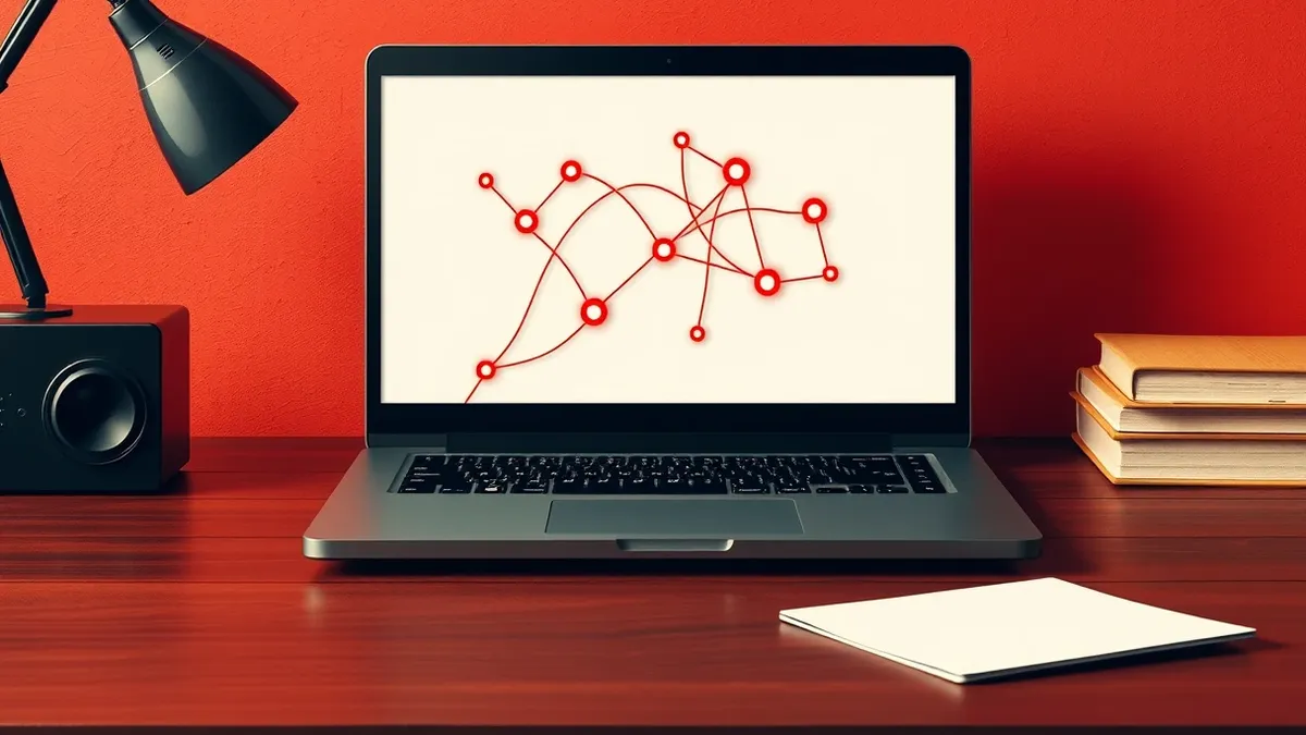Illustration: A sleek black laptop sits on a dark wooden desk, its screen displaying a complex network map with glowing nodes.