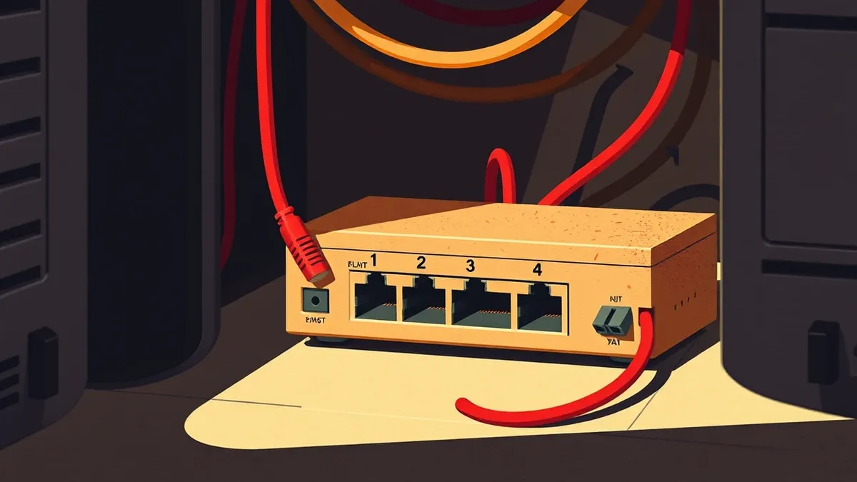 Illustration: A dusty beige ethernet switch sits in a dark corner, its link lights flickering erratically.
