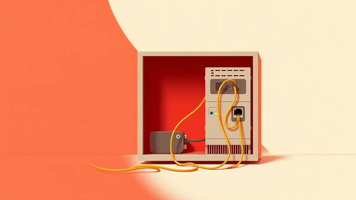 Illustration: A generic computer server sits in a sterile room, its front panel displaying blank status lights.