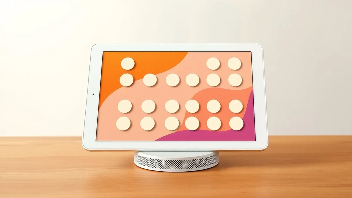 Illustration: A white tablet with a circular smart speaker base sits on a wooden surface.
