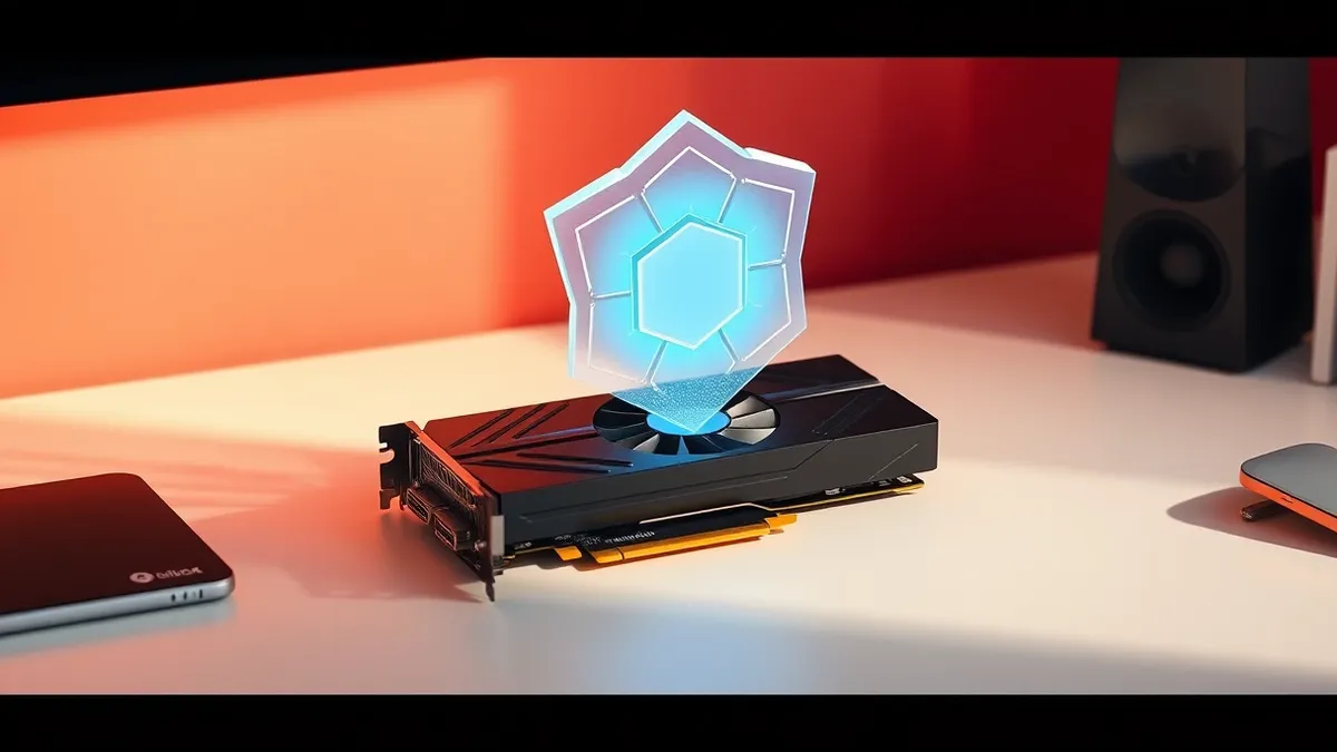 Illustration: A sleek black graphics card sits on a clean white desk.