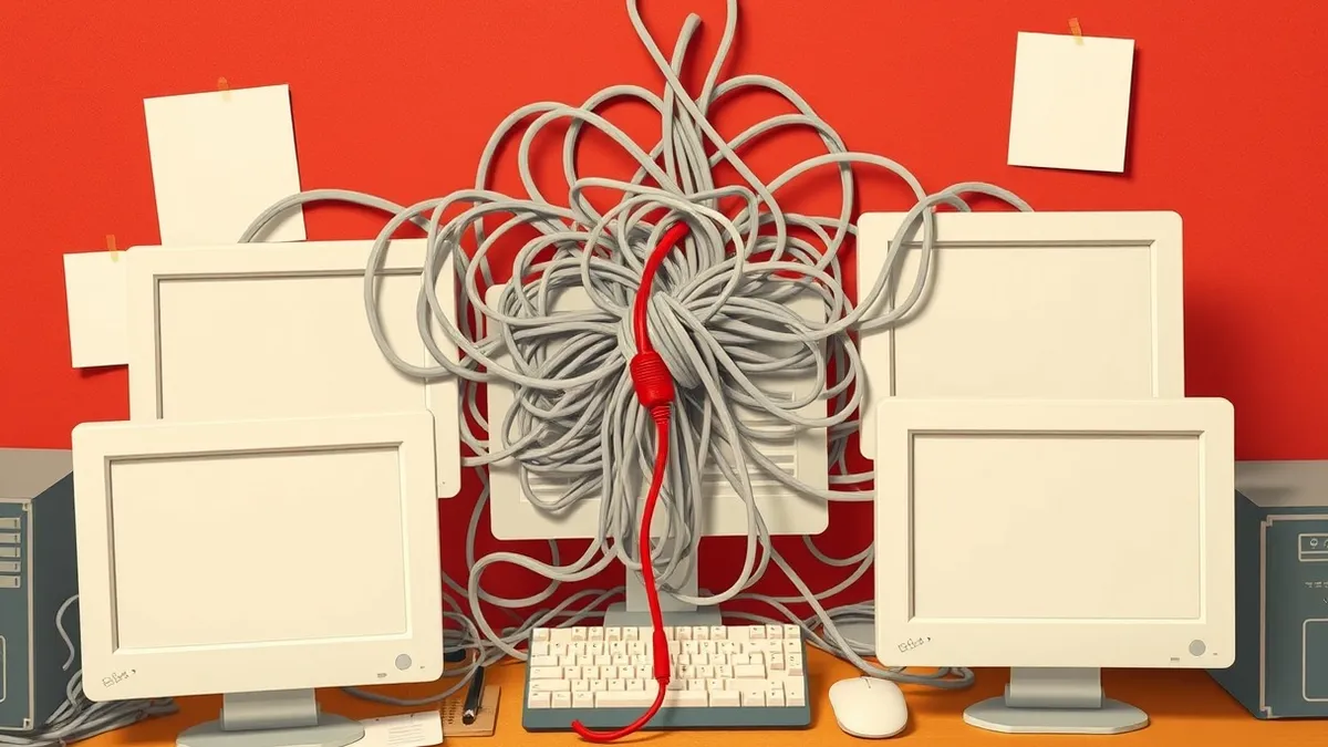 Illustration: A tangled mass of gray cables connects several blank computer monitors arranged on a cluttered desk.