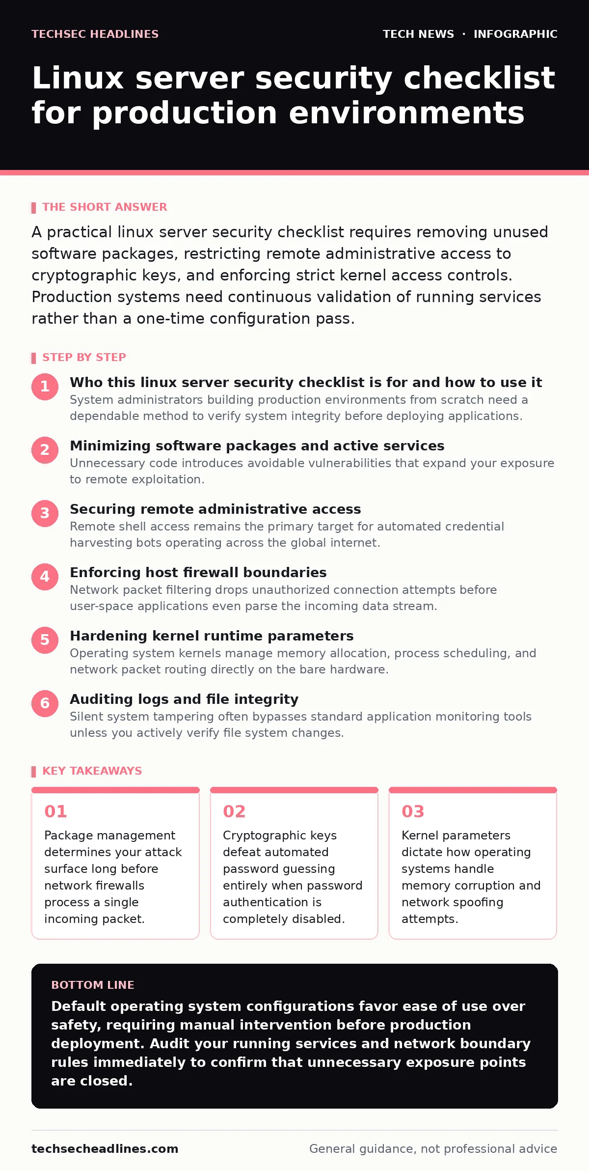 Infographic: Linux server security checklist for production environments. Package management determines your attack surface long before network firewalls process a single incoming packet. Cryptographic keys defeat automated password guessing entirely when password authentication is completely disabl