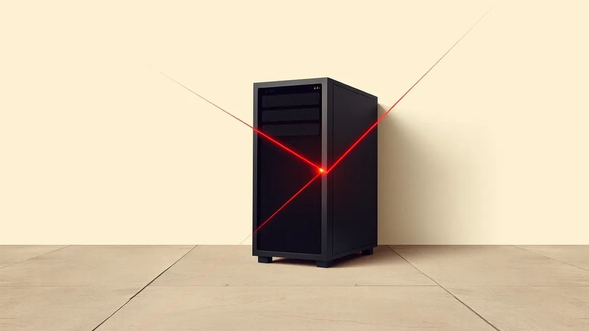 Illustration: A sleek black server tower sits on a concrete floor, its front panel dark and silent.