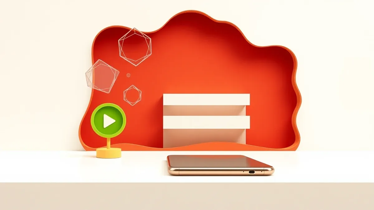 Illustration: A sleek smartphone rests on a white desk beside a small green circle icon with a play triangle.