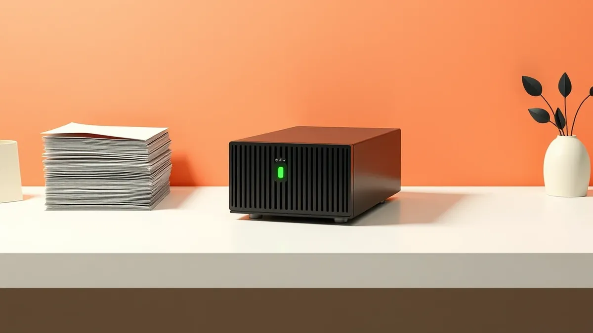 Illustration: A sleek black server unit sits on a clean white desk, its single green status light pulsing steadily.