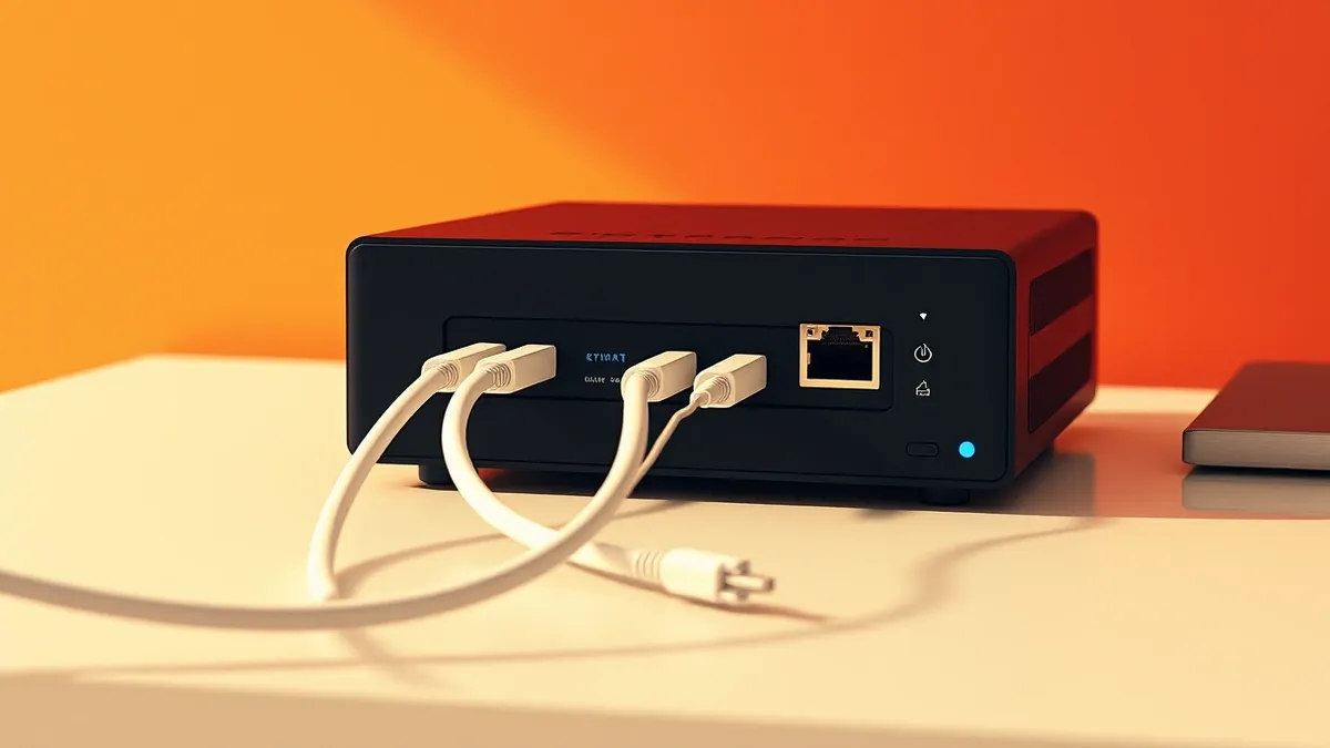Illustration: A sleek black network appliance sits on a polished desk.