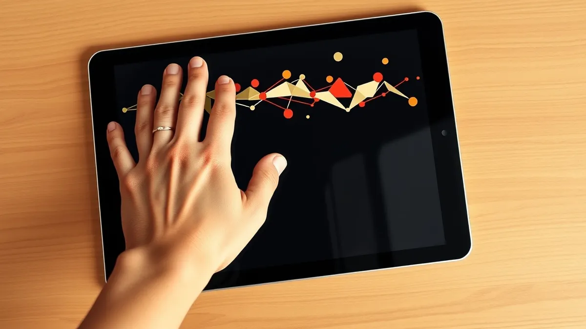 Illustration: A solitary human hand rests flat on a sleek, blank tablet screen, pressing down firmly to halt a stream of abstract geometric shapes flowing across the dark glass sur