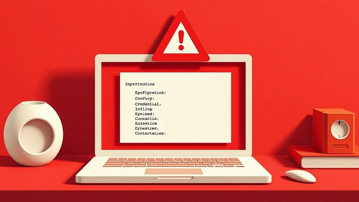 Illustration: A white terminal window sits on a dark desk, displaying a simple configuration file with blank lines representing exposed credentials.