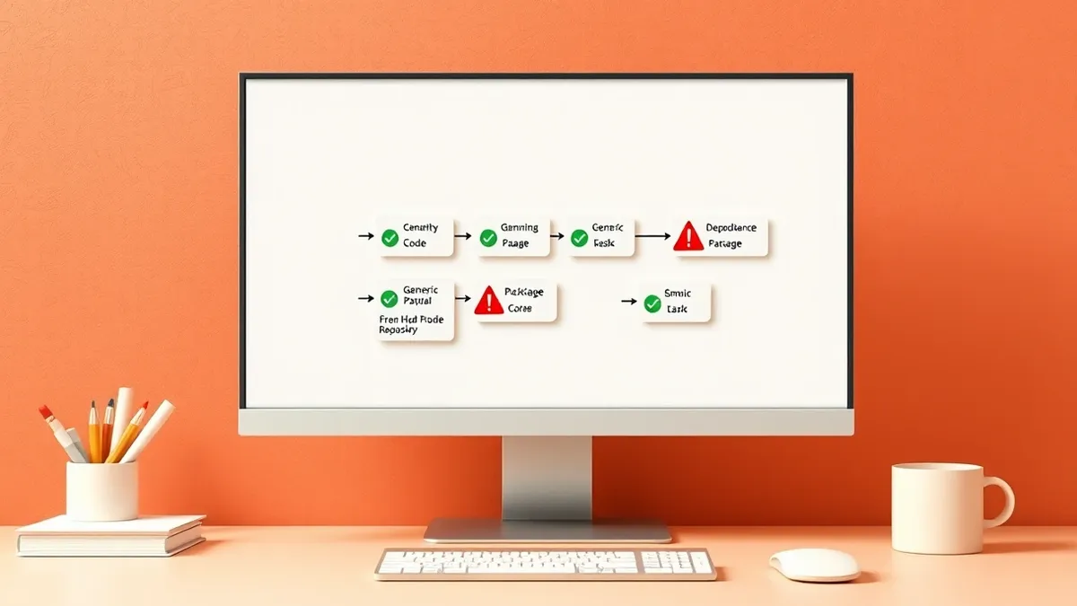 Illustration: A blank computer monitor displays a streamlined code review interface with a clean, abstract flowchart.