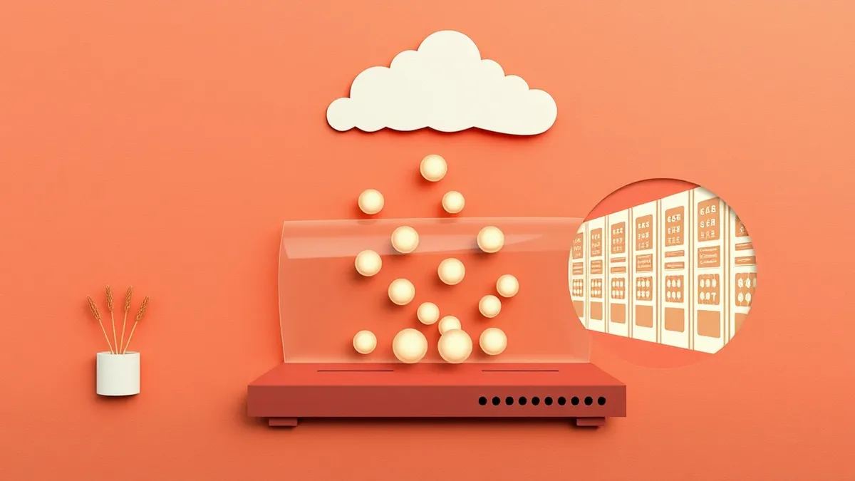 Illustration: A transparent glass tunnel extends from a home router into a distant cloud, carrying small glowing orbs representing web requests.