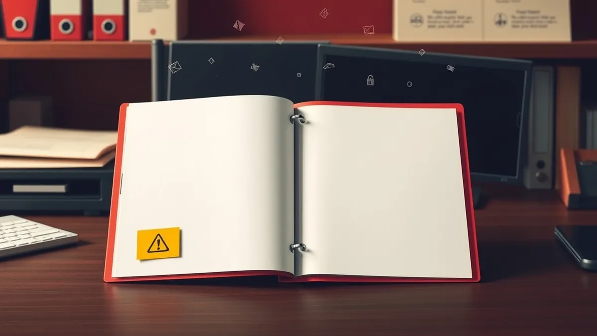 Illustration: A white folder sits open on a dark office desk, revealing empty space inside.