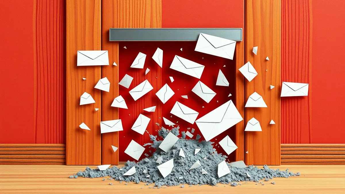 Illustration: A sleek metal mail slot on a wooden door stands open, blocking a swarm of jagged, dark shards shaped like malicious envelopes.