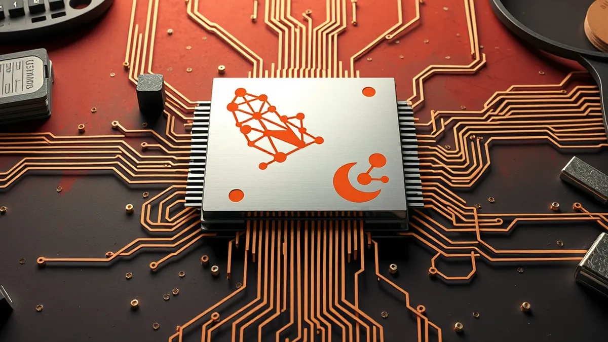 Illustration: A silver processor chip sits on a dark workbench, its metallic surface reflecting abstract geometric patterns generated by artificial intelligence.