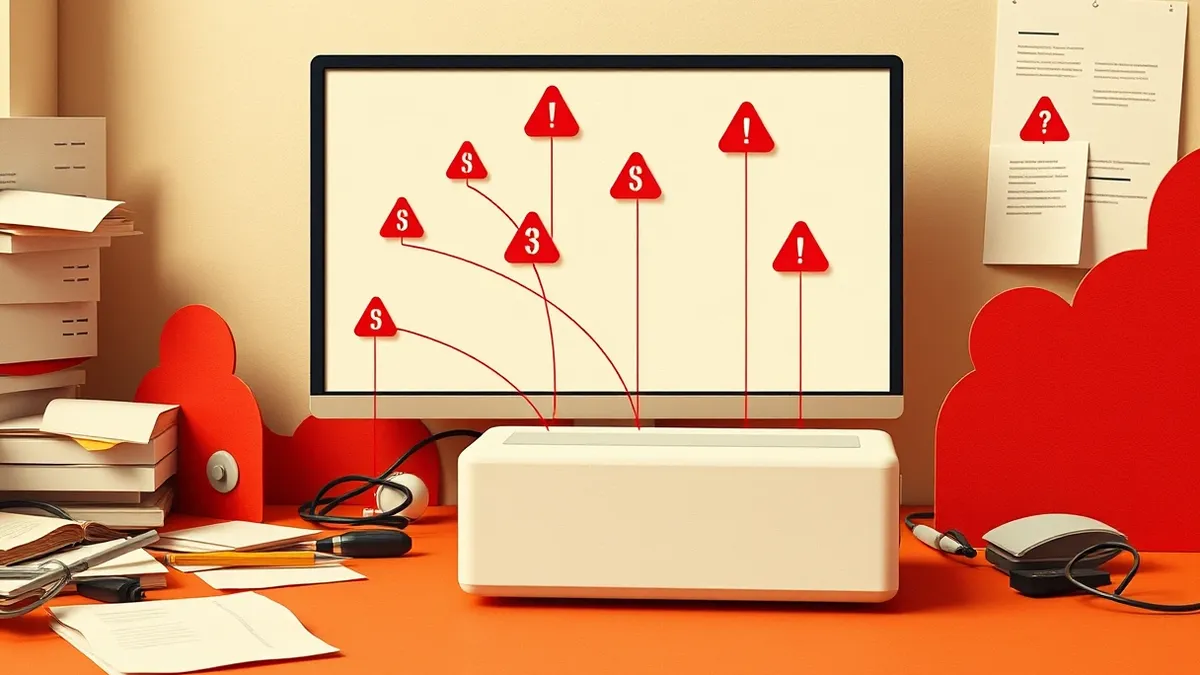 Illustration: A sleek white simulator box sits on a cluttered desk next to a blank monitor displaying abstract red warning icons.
