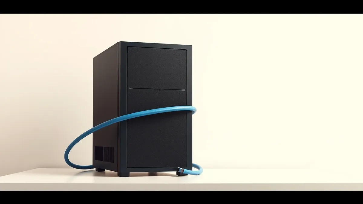 Illustration: A sleek black server tower sits on a clean white desk, its front panel blank and featureless.