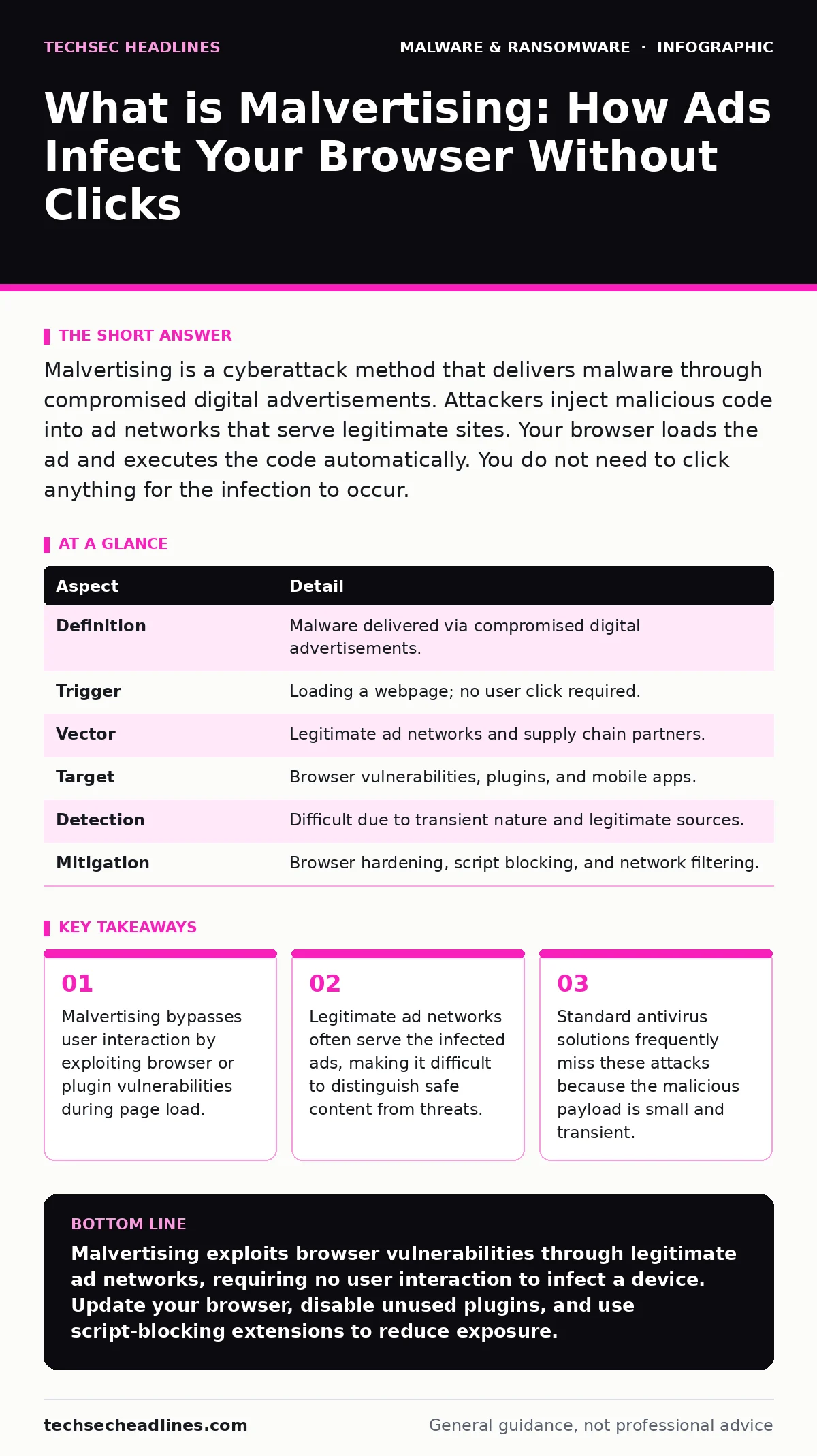 Infographic: What is Malvertising: How Ads Infect Your Browser Without Clicks. Malvertising bypasses user interaction by exploiting browser or plugin vulnerabilities during page load. Legitimate ad networks often serve the infected ads, making it difficult to distinguish safe content from threats. S