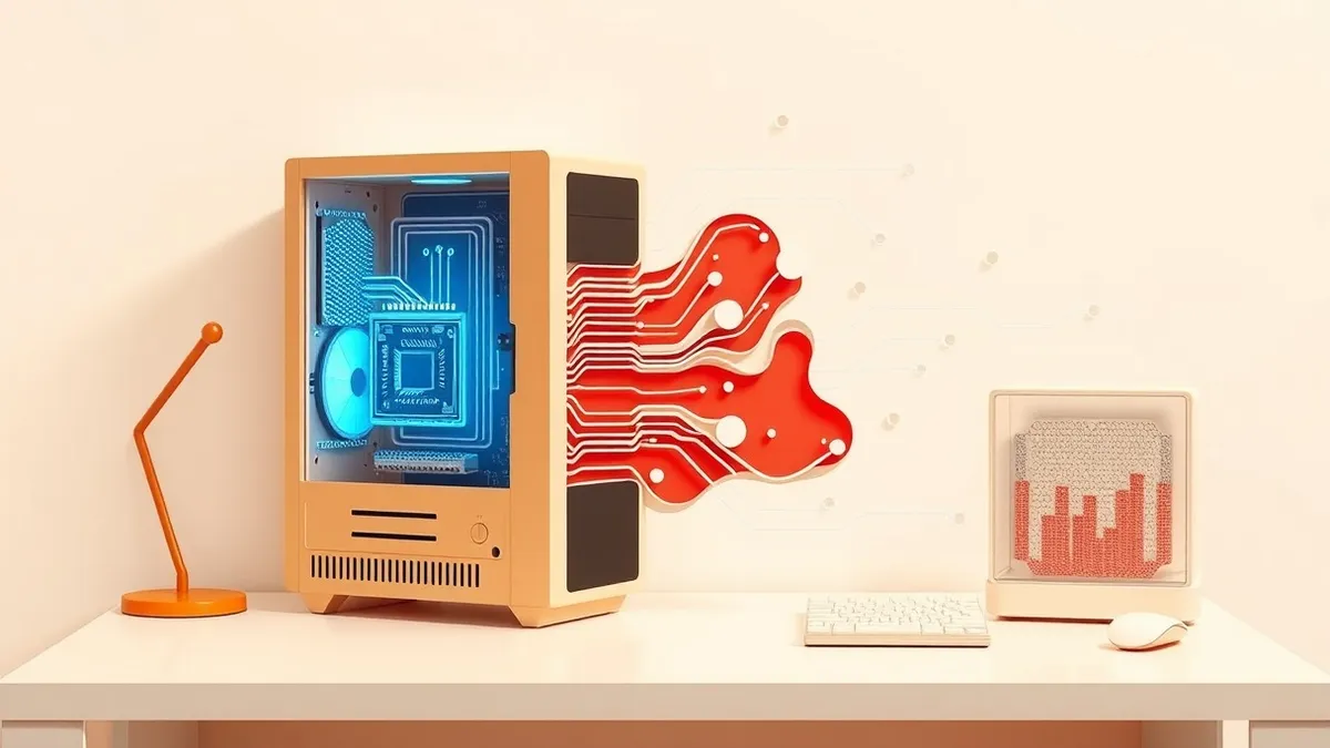 Illustration: A sleek desktop computer sits on a clean white desk with its side panel removed to reveal internal circuitry.