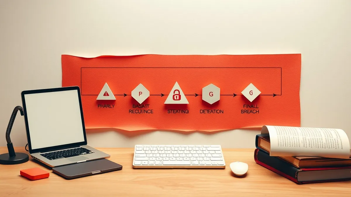 Illustration: A detailed schematic diagram illustrates six distinct phases of a digital intrusion, with a bright red warning zone highlighting the initial reconnaissance stage.