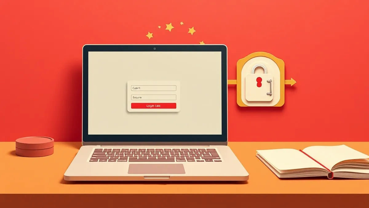 Illustration: A sleek laptop sits on a desk with its screen displaying a clean login form.
