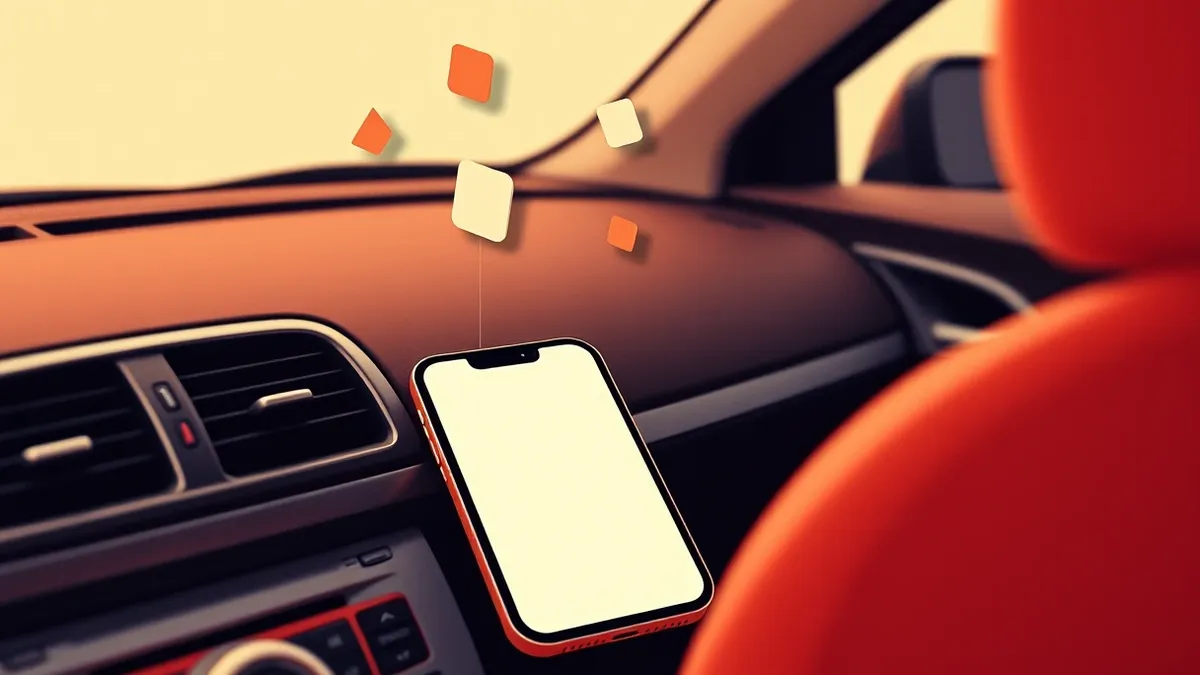 Illustration: A smartphone rests on a car’s dashboard, its screen glowing with a blank interface.