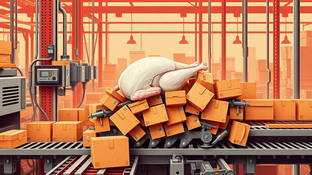 Illustration: A complex automated conveyor system sits idle in a warehouse.