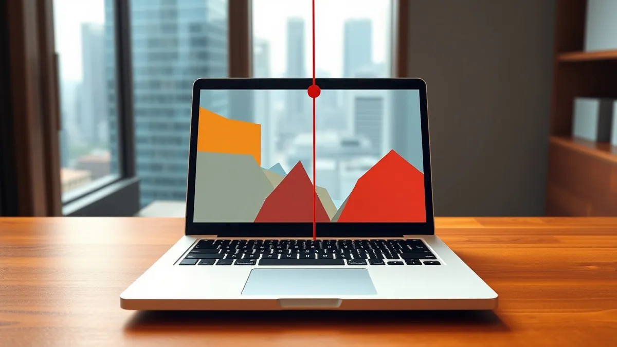 Illustration: An open laptop sits on a sleek wooden desk, its screen displaying abstract geometric shapes that pulse with soft blue light.