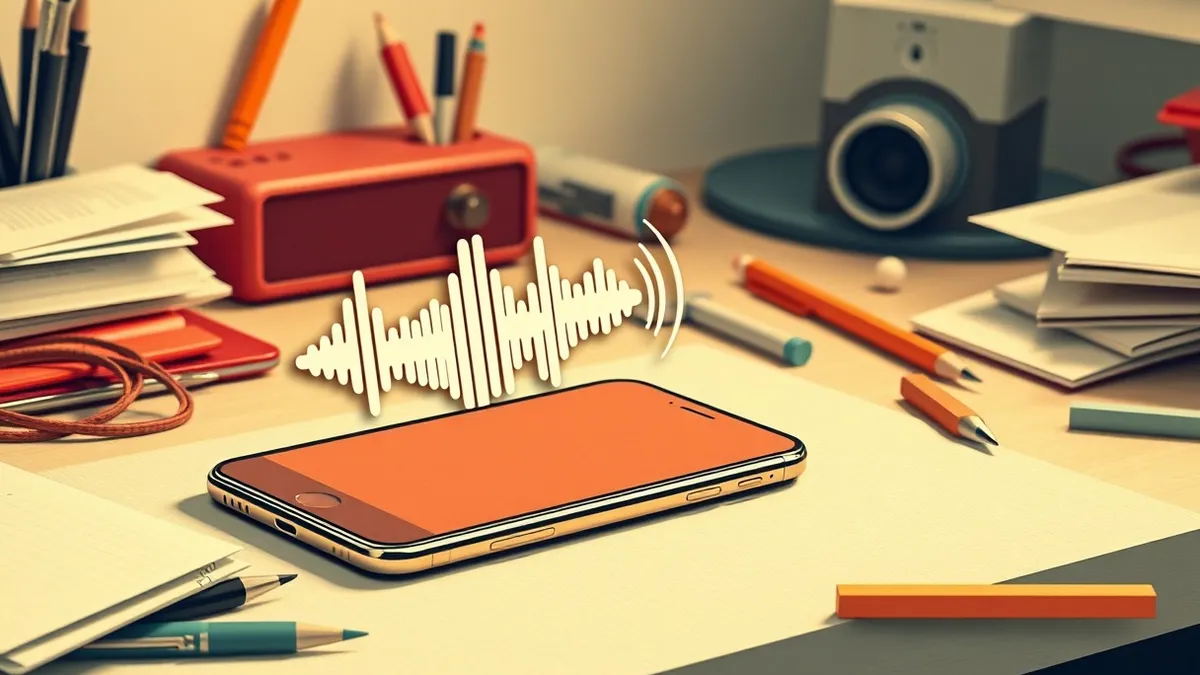 Illustration: A sleek smartphone rests on a cluttered desk next to scattered office supplies.