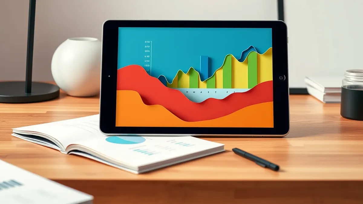 Illustration: A sleek tablet rests on a modern wooden desk, displaying a clean interface with abstract blue and green charts that transform lines of code into clear financial value