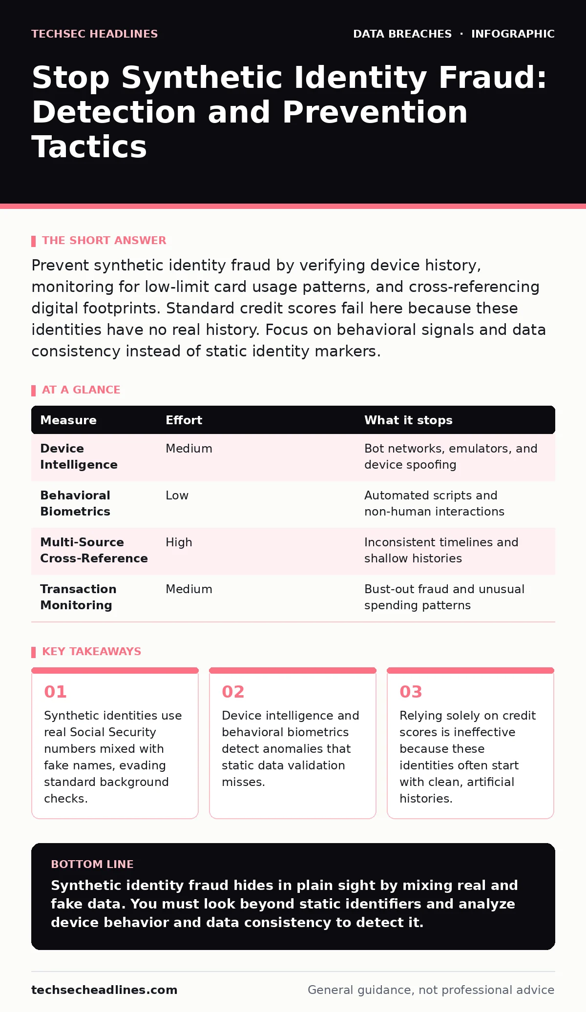 Infographic: Stop Synthetic Identity Fraud: Detection and Prevention Tactics. Synthetic identities use real Social Security numbers mixed with fake names, evading standard background checks. Device intelligence and behavioral biometrics detect anomalies that static data validation misses. Relying so