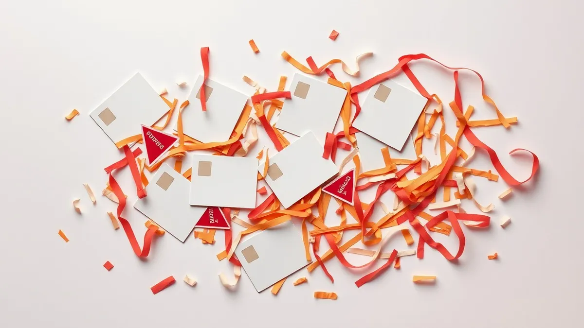 Illustration: A scattered pile of blank identification cards and shredded paper strips lies on a stark white desk surface.