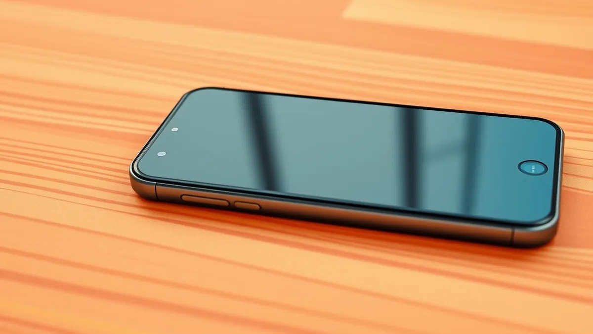 Illustration: A blank black smartphone lies on a wooden table, its camera lens reflecting a faint blue grid pattern that maps out the room's geometry, suggesting silent data captur