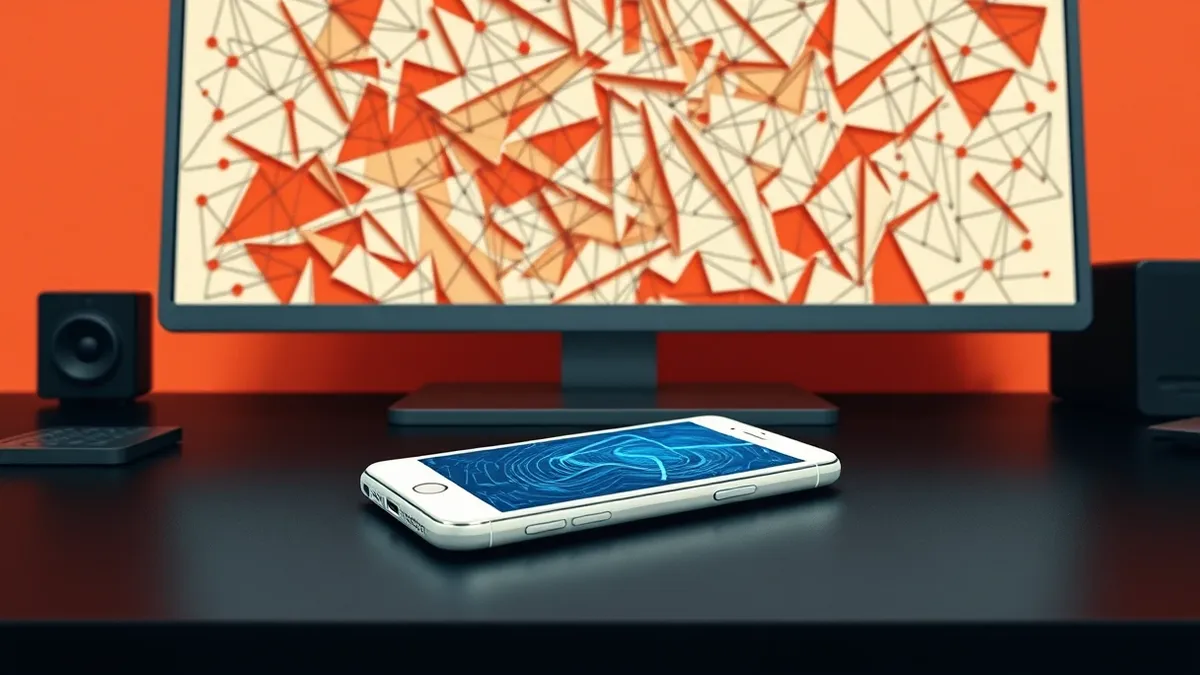 Illustration: A single white smartphone rests on a dark desk, its screen glowing with abstract blue interface lines.