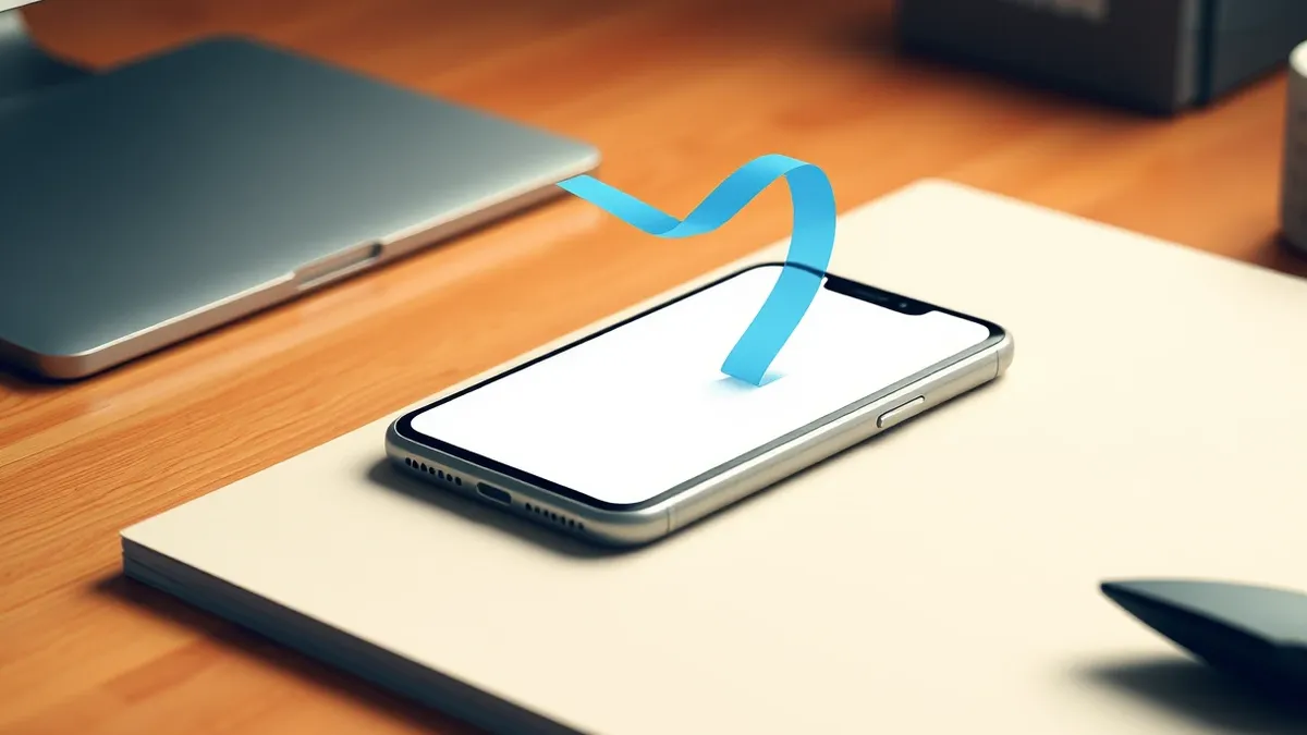 Illustration: A sleek silver smartphone rests on a clean wooden desk, its screen displaying a single blank white document icon.