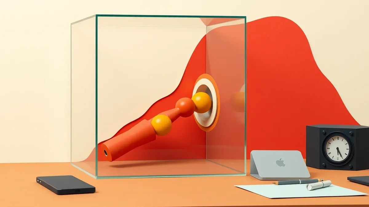 Illustration: A transparent glass cube sits on a desk, containing several small colorful spheres representing devices.