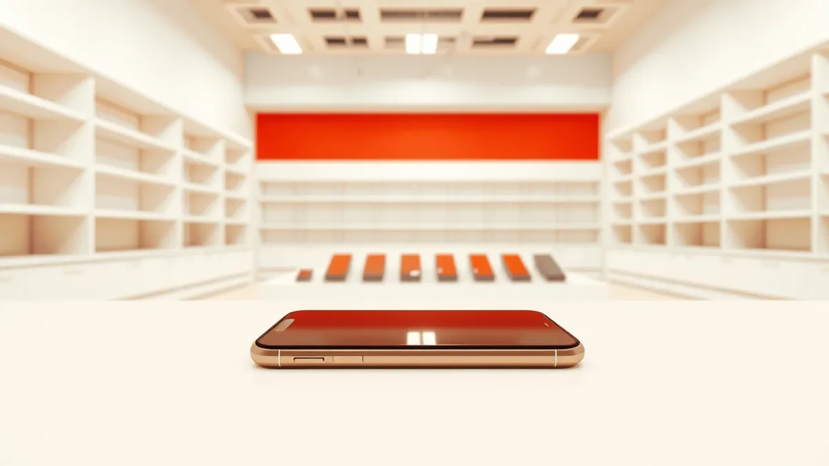 Illustration: A sleek smartphone rests on a clean white counter inside a minimalist retail space.
