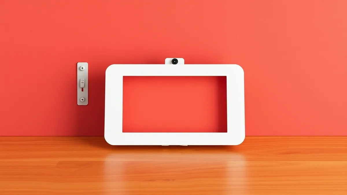 Illustration: A sleek white rectangular smart home hub rests on a polished wooden surface.