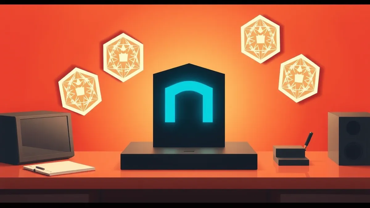 Illustration: A sleek black security gateway sits on a desk, surrounded by floating translucent geometric shields.