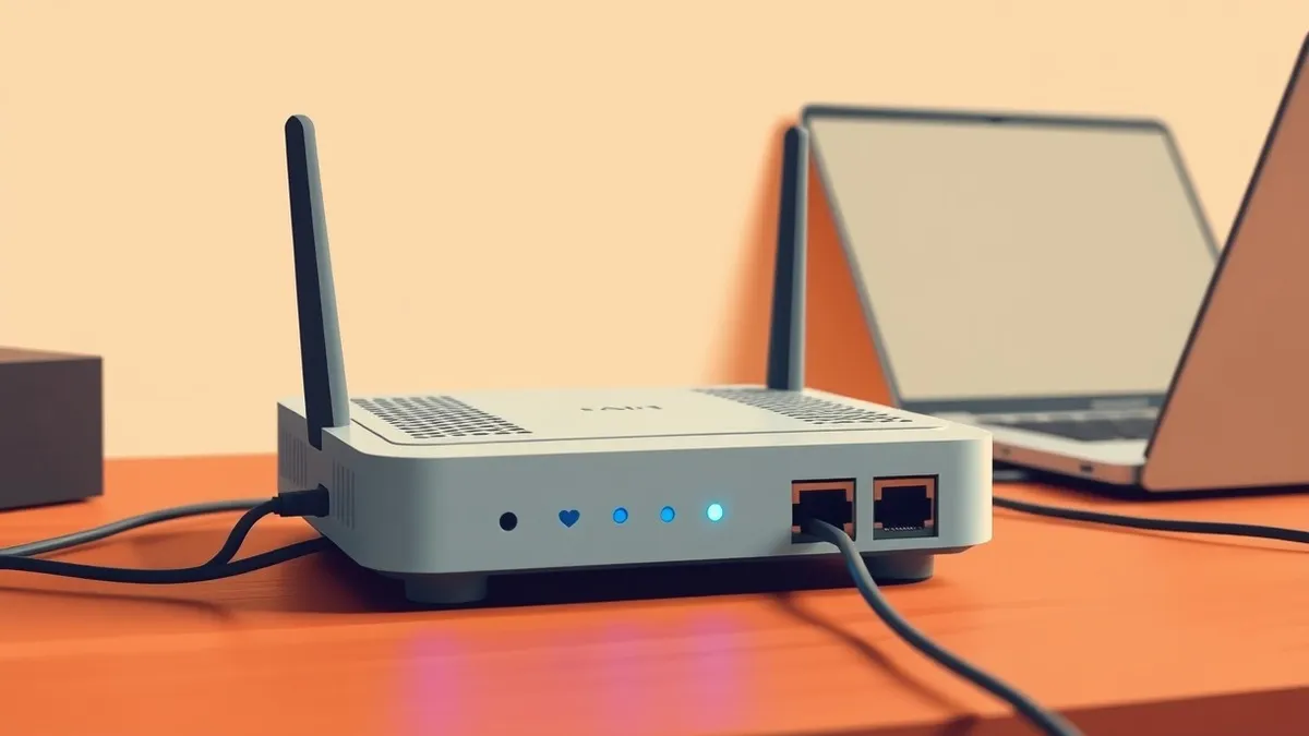 Illustration: A compact home router sits on a wooden desk, its single indicator light glowing steady blue.